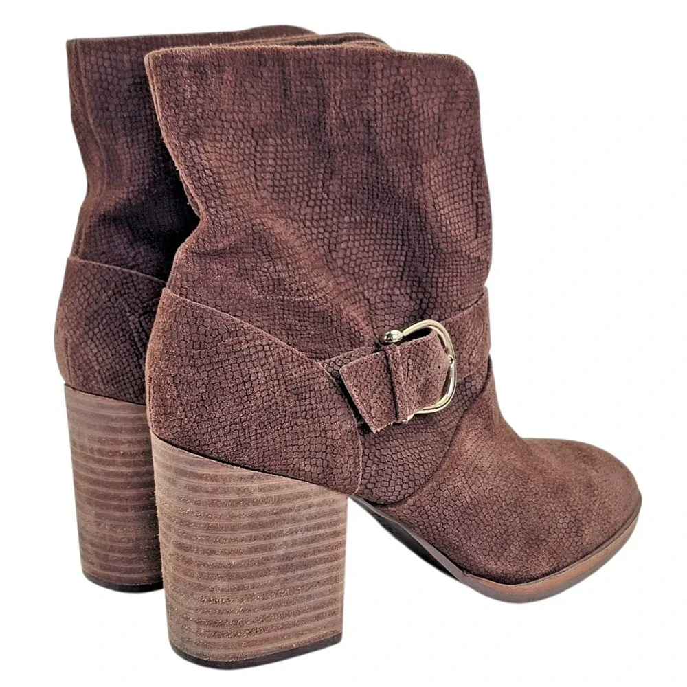 Isola‎ Lavoy Bootie Women's Brown Suede Block Heel Buckle Slip On Shoes Size 10M
